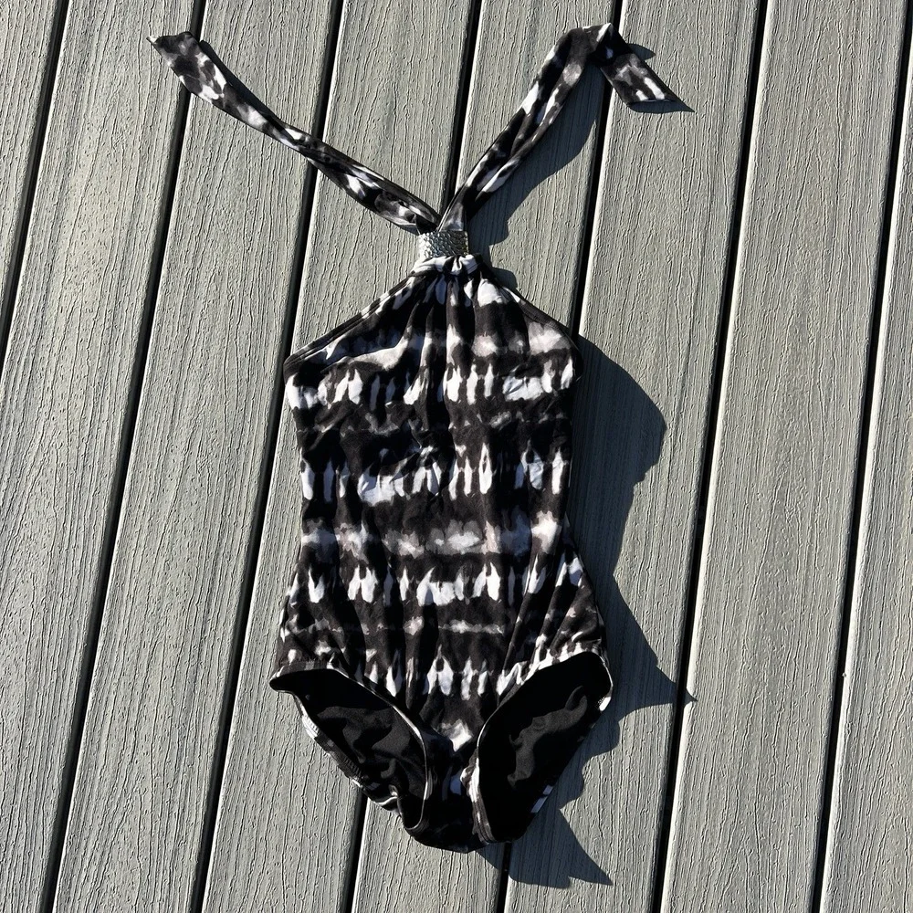 Michael Kors Swimsuit Hi Neck Halter One-Piece Bathing Suit Tie Dye SZ 4 black